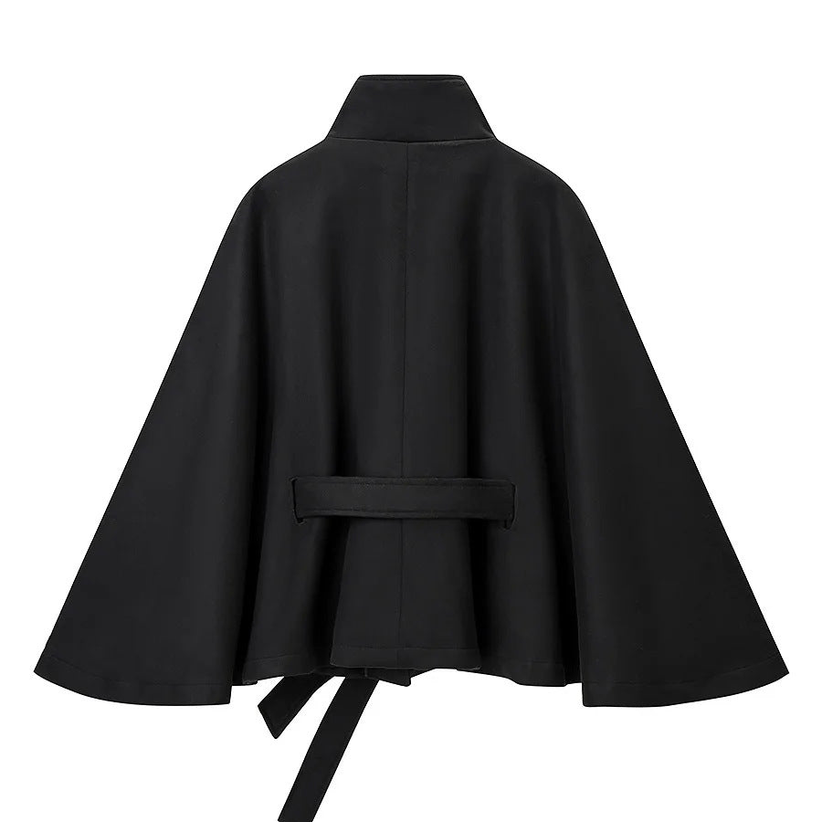Damen nan tailliertes Cape mit Stehkragen, Knopfverschluss und Bindegürtel Echo Archiv