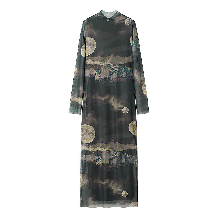 Damen langes Mesh-Maxikleid mit langen Ärmeln, hohem Rundhalsausschnitt und mystischem Mondprint – Valéora