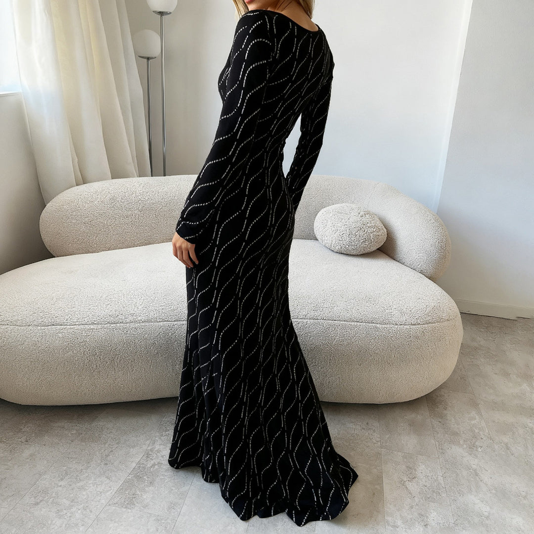 Damen Figurbetontes Maxikleid mit langen Ärmeln und wellenförmiger Paillettenverzierung – Valéora