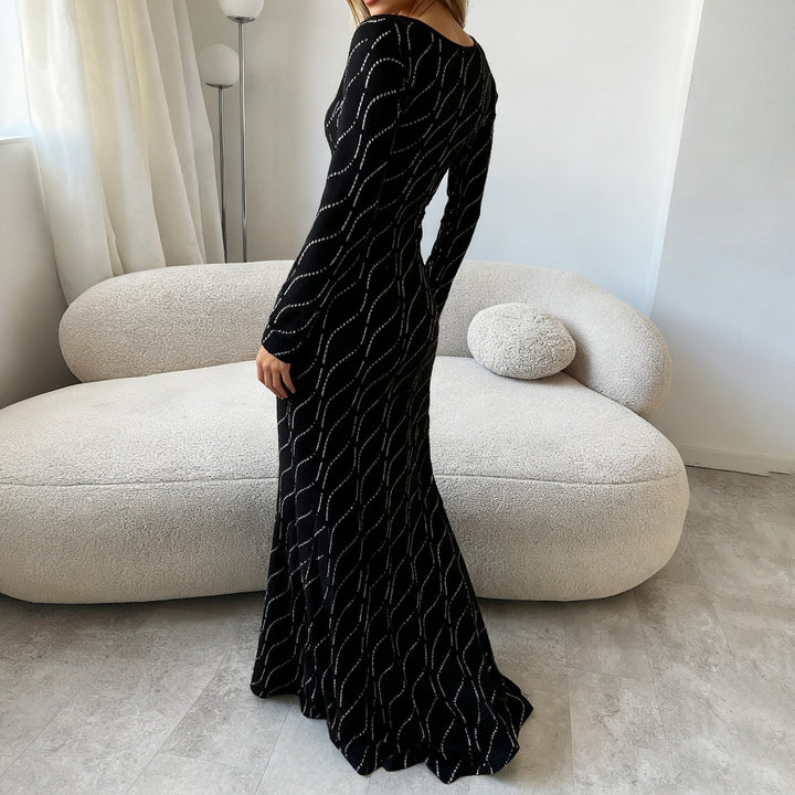 Damen Figurbetontes Maxikleid mit langen Ärmeln und wellenförmiger Paillettenverzierung – Valéora