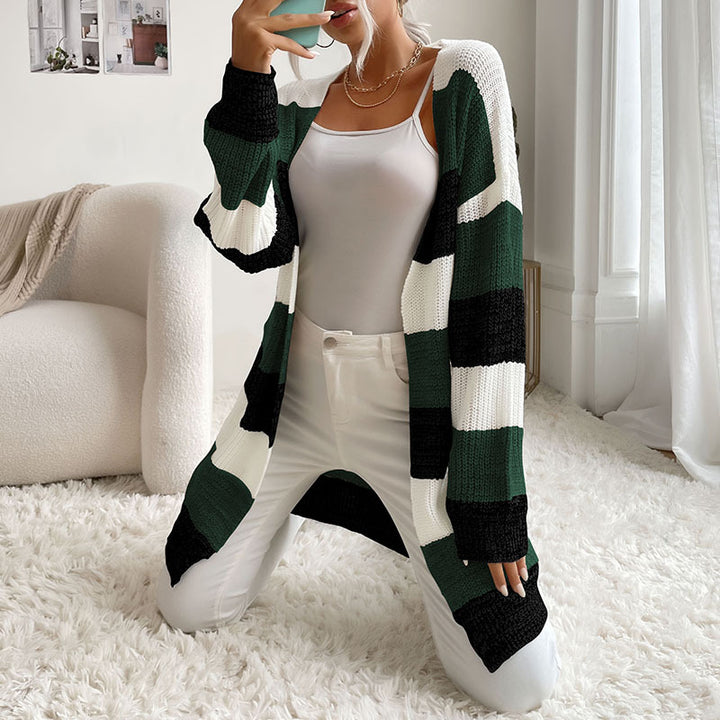 Damen Langer Oversize-Strickcardigan mit Blockstreifen und offener Front – Veloura