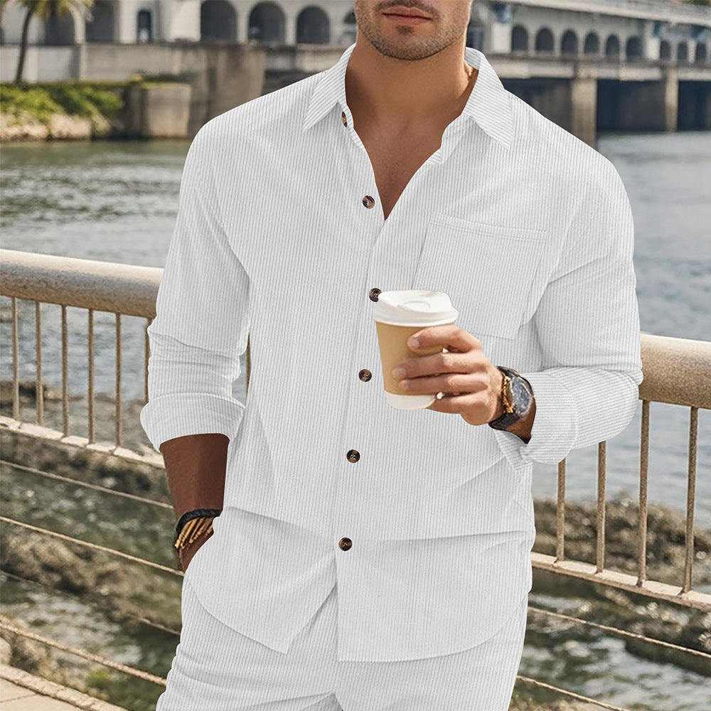 Herren gestreiftes Langarmshirt mit modischem Stehkragen und praktischer Brusttasche Echoarchiv