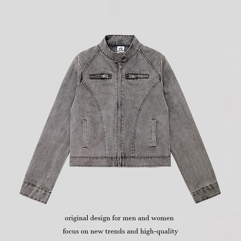 Damen kurze Bikerjacke aus Vintage‑Lederoptik mit Stehkragen und Brustzipper Echoarchiv