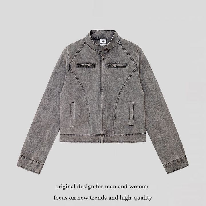 Damen kurze Bikerjacke aus Vintage‑Lederoptik mit Stehkragen und Brustzipper Echoarchiv