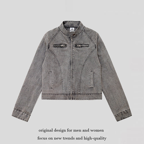 Damen kurze Bikerjacke aus Vintage‑Lederoptik mit Stehkragen und Brustzipper Echoarchiv
