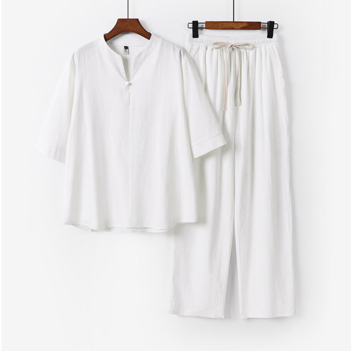 Unisex Lockeres Lounge-Set mit Stehkragen-Halbarmshirt und Elastischer Bundhose Echoarchiv