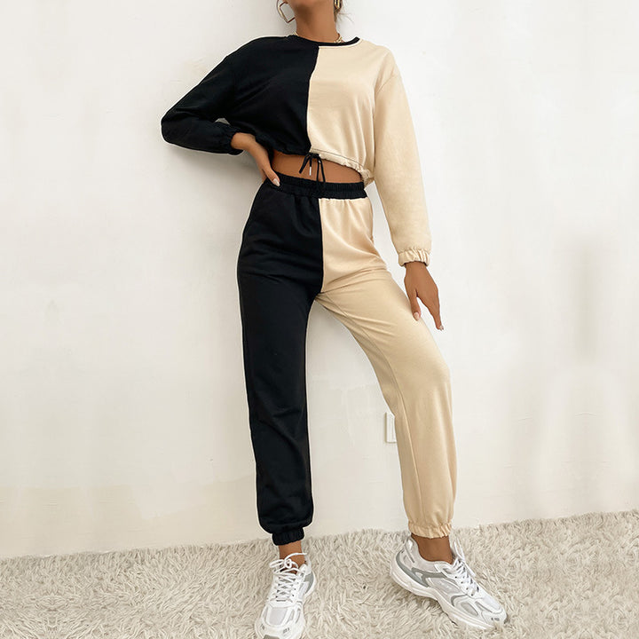 Damen Zweiteiliges Cropped-Lounge-Set mit Farbblock-Optik, Kordelzug und Jogger Echoarchiv