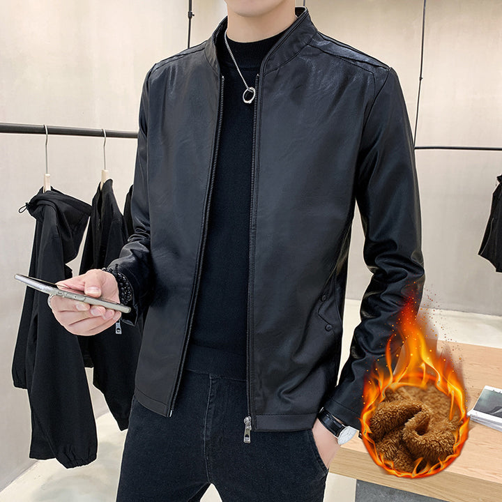 Herren Modische Kunstlederjacke mit Stehkragen und Reißverschlusstaschen Echo Archiv