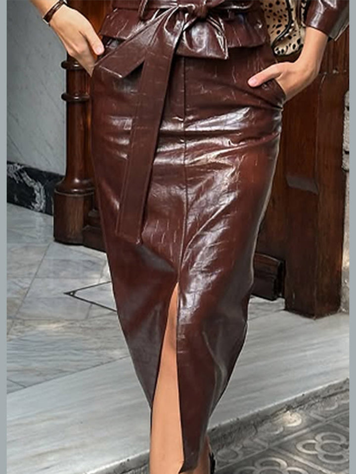 Damen Glänzender Krokoprägung-Trenchcoat mit Taillengürtel und breitem Revers Echoarchiv