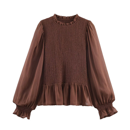 Damen Chiffonbluse mit Smokoberteil, voluminösen Ballonärmeln und Rüschenkragen Echoarchiv
