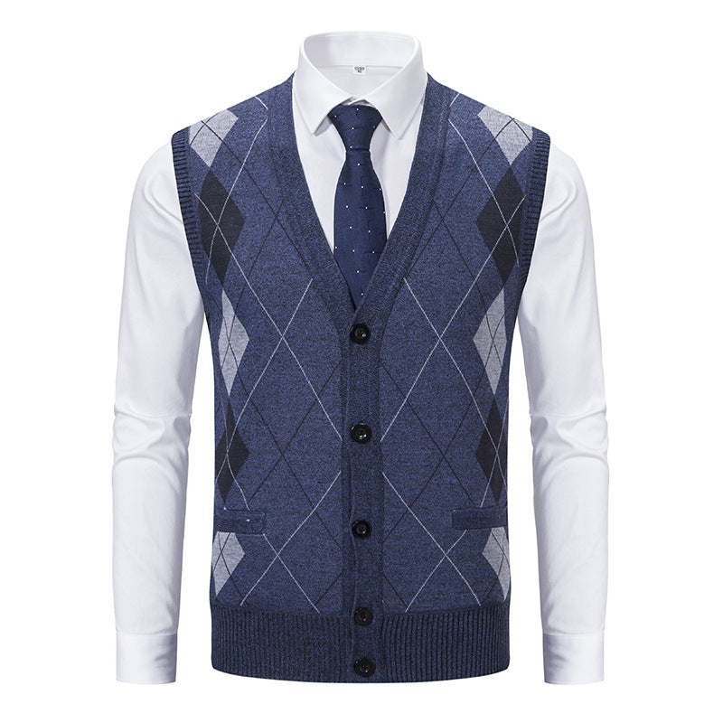 Herren nan ärmellose Strickweste mit Argyle-Muster, Teddyfutter und durchgehender Knopfleiste Echo Archiv
