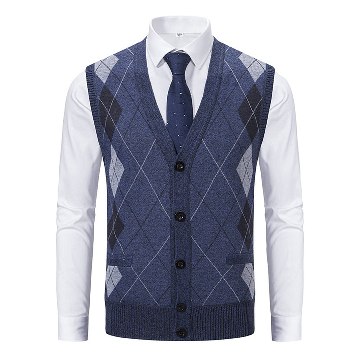 Herren nan ärmellose Strickweste mit Argyle-Muster, Teddyfutter und durchgehender Knopfleiste Echo Archiv