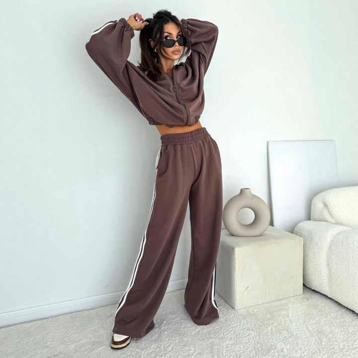 Damen cropped Zip-Hoodie mit voluminösen Ballonärmeln und High-Waist Relaxhose im sportlichen Seitenstreifen-Design – Auréline