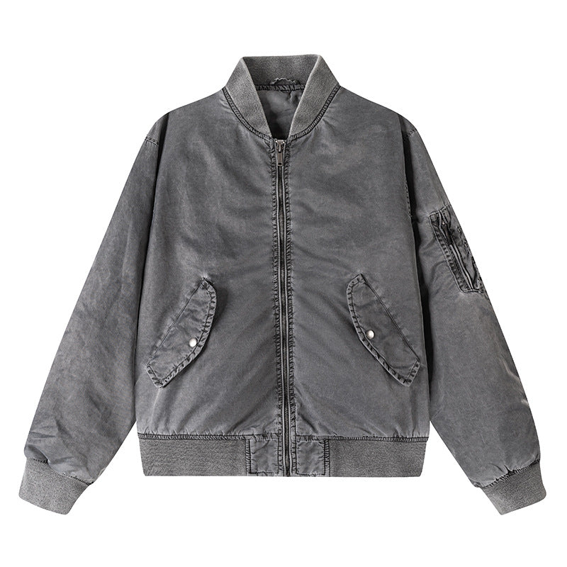 Men's vintage-washed relaxed bomber jacket with slanted snap-flap pockets and reinforced rib hem – Brevano