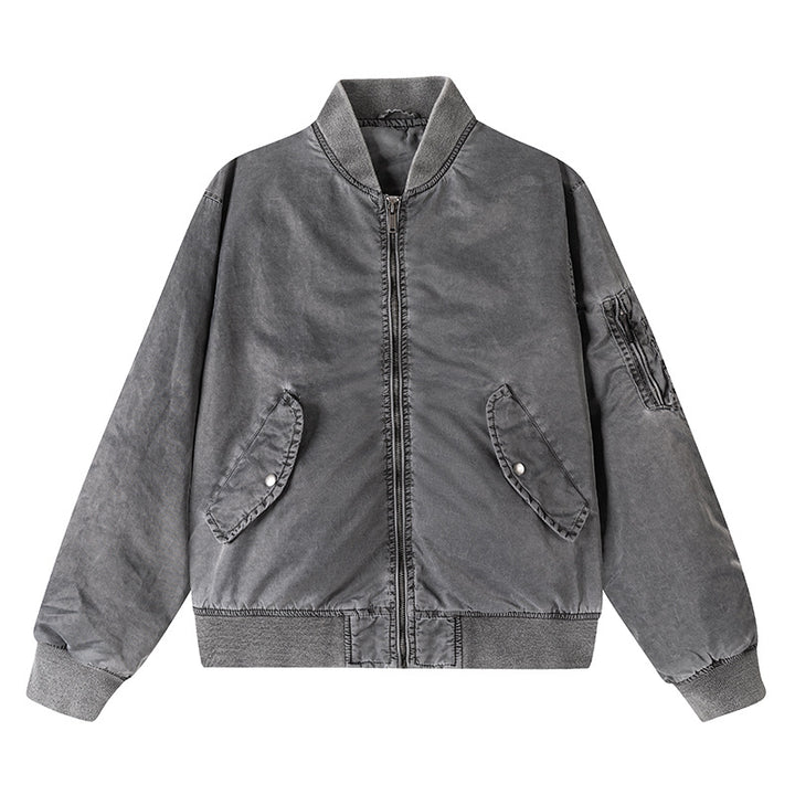 Men's vintage-washed relaxed bomber jacket with slanted snap-flap pockets and reinforced rib hem – Brevano