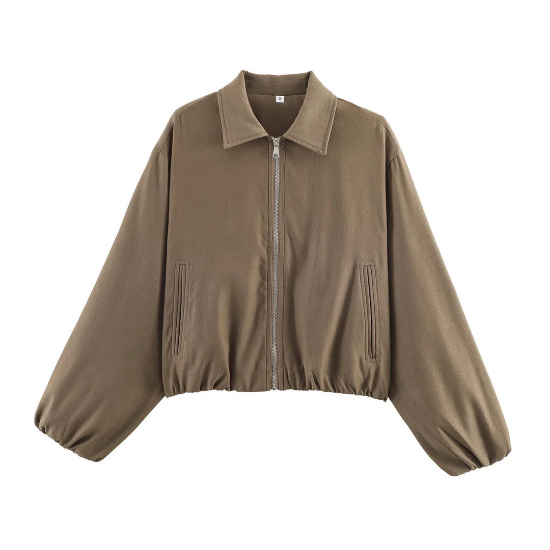 Damen nan Cropped Bomberjacke mit durchgehendem Reißverschluss, weitem Ballonärmeln und elastischem Saum Echo Archiv