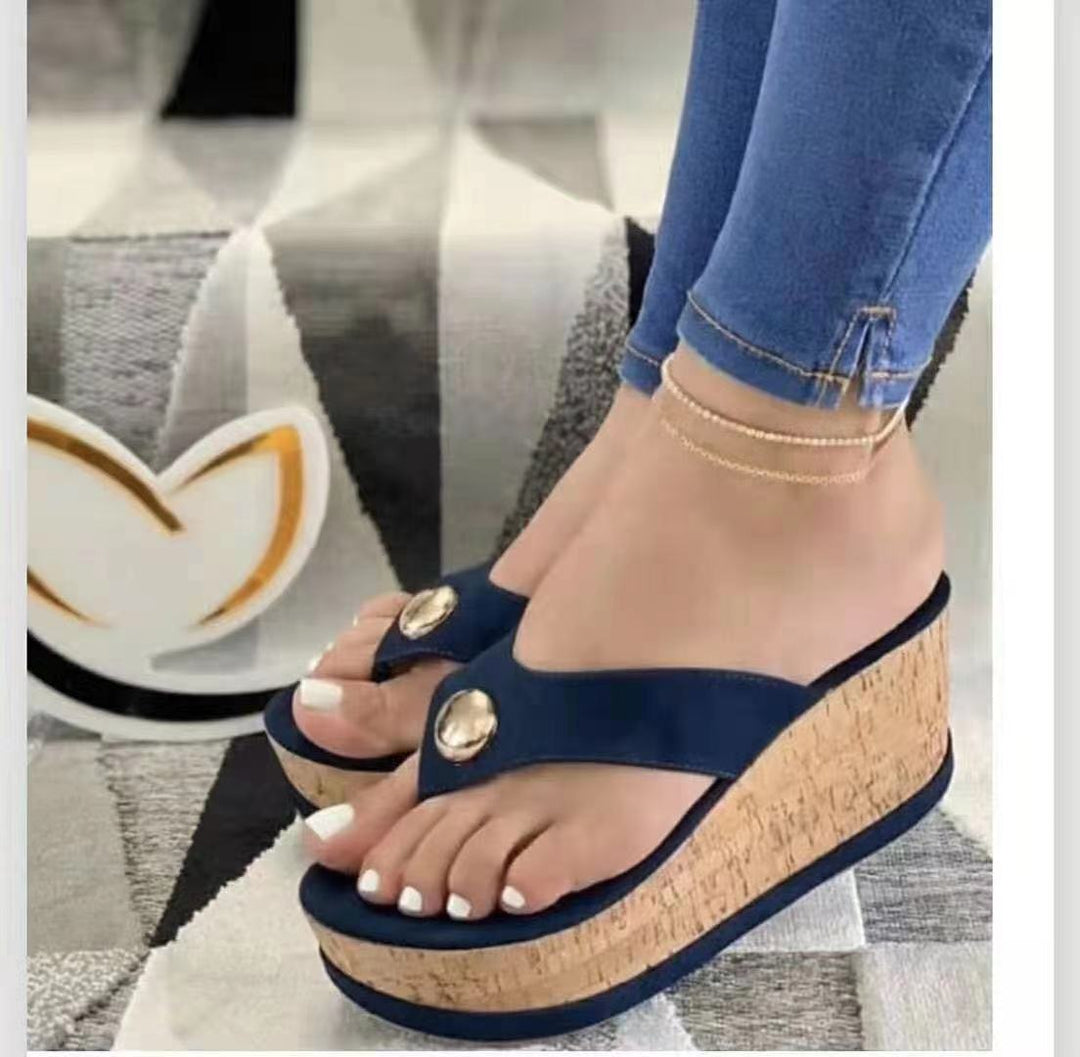 Damen nan Zehentrenner-Plateau-Sandalette mit Korkkeilabsatz und dekorativem Zierknopf Echo Archiv