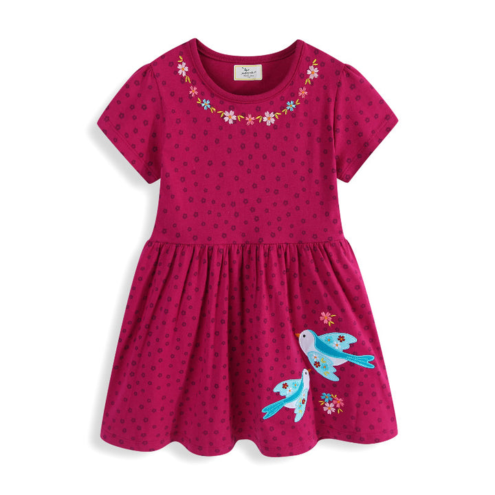 Mädchen Baumwollkleid mit süßen Vogel- und Blumenstickereien Echo Archiv