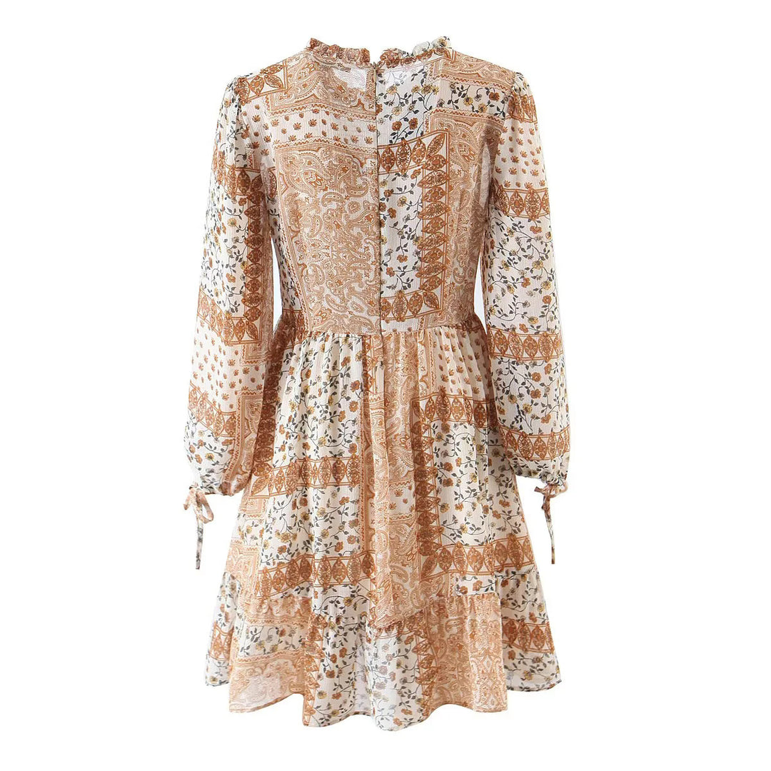 Damen nan geblümtes Boho Midi-Kleid mit Stufenrock und Rüschenkragen Echo Archiv