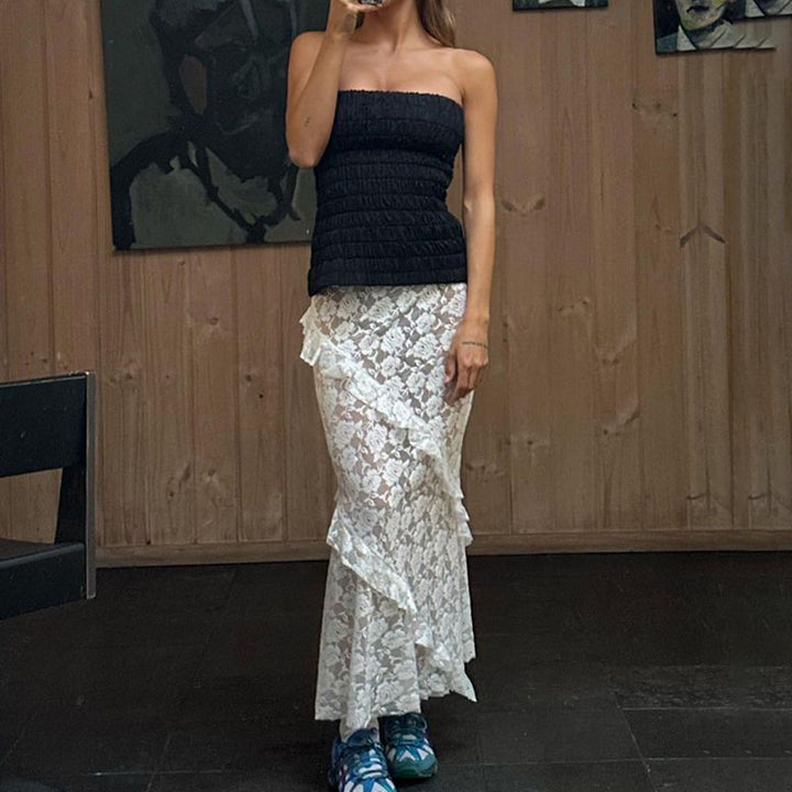 Damen Lange Spitzenrock mit asymmetrischem Rüschenverlauf und eleganter Blumenspitze Echo Archiv