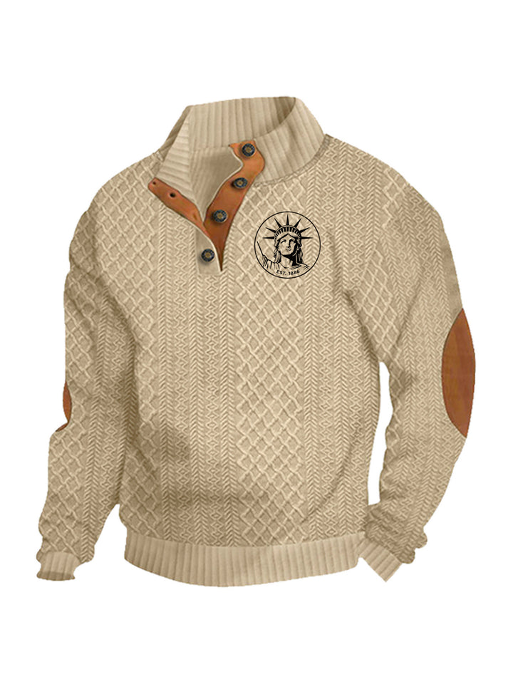 Herren nan Heritage-Strukturpullover mit Stehkragen Lederimitat-Besatz Ellenbogen-Patches und Halbknopfleiste Echo Archiv
