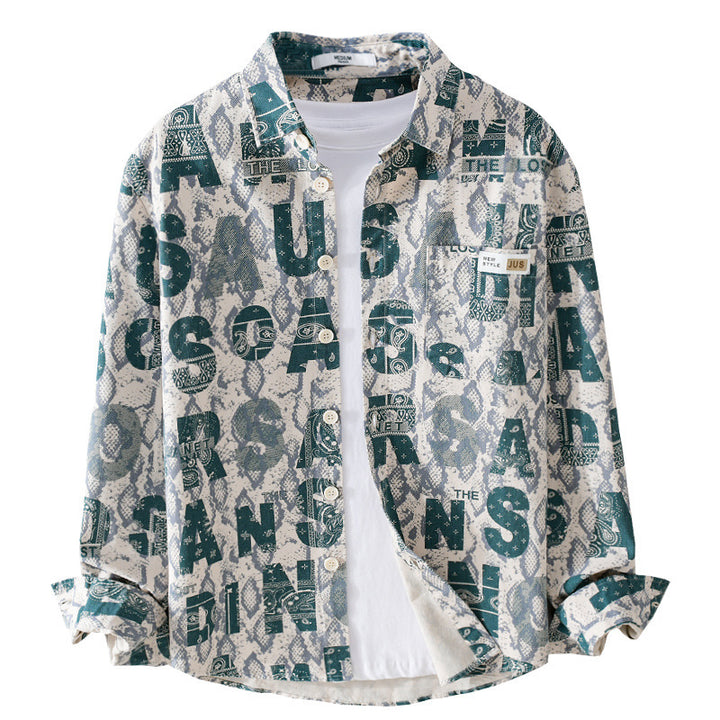 Herren Lockeres Hemdjacken-Overshirt mit Allover-Letterprint und Vintage‑Schlangenstruktur Echoarchiv