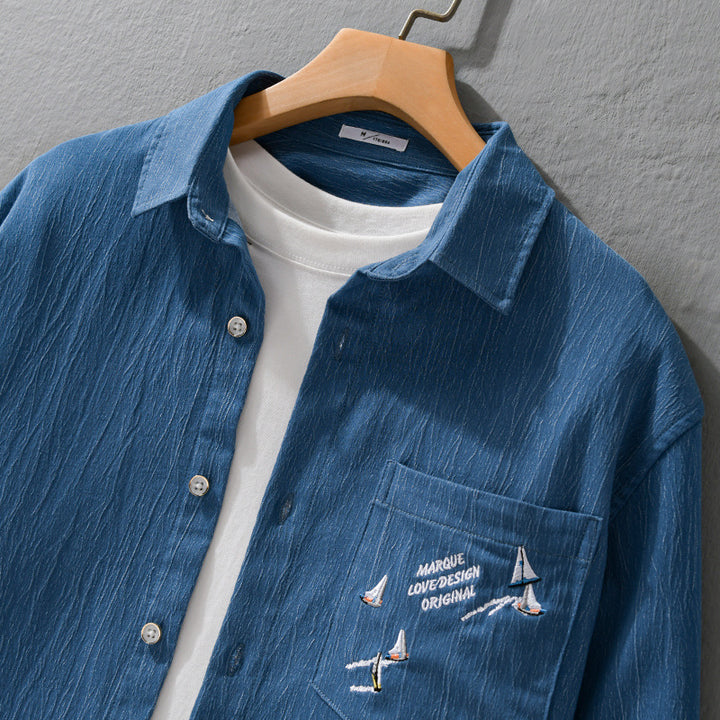 Herren Texturiertes Chambray-Overshirt mit maritimer Stickerei und Brusttasche Echoarchiv