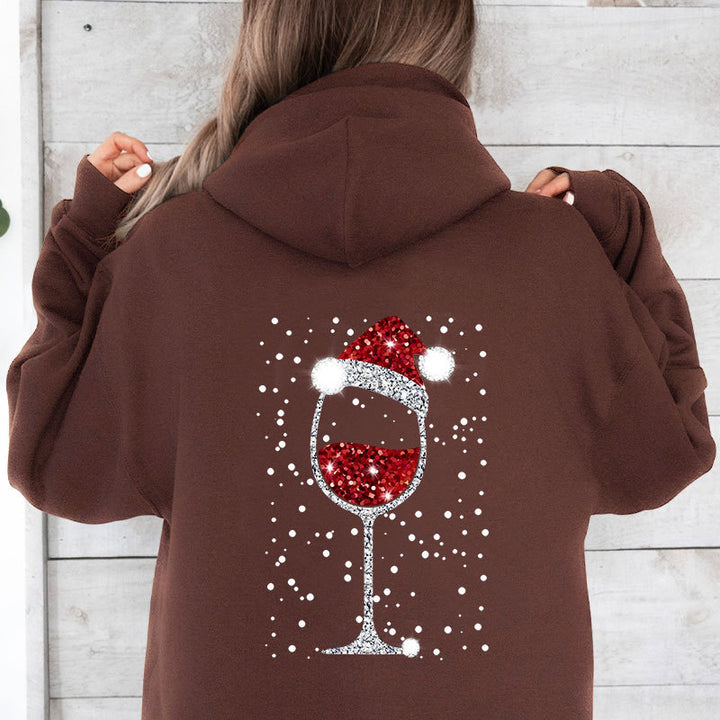Damen Oversize Kapuzenpullover mit weihnachtlichem Glitzer-Weinglas-Print Echoarchiv
