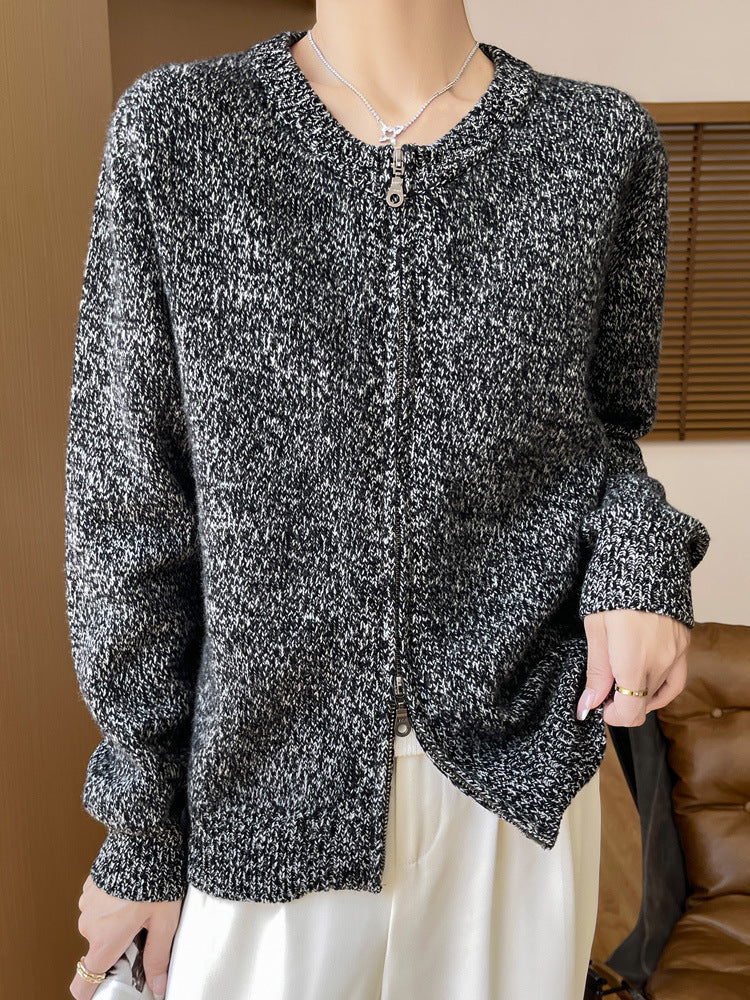 Damen Melierter Reißverschluss-Cardigan mit Zwei-Wege-Zipper und gerippten Bündchen Echoarchiv