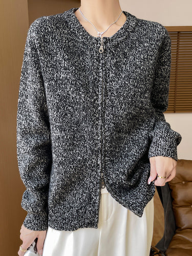 Damen Melierter Reißverschluss-Cardigan mit Zwei-Wege-Zipper und gerippten Bündchen Echoarchiv