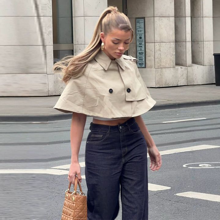 Damen Cropped Cape-Trench mit doppelreihiger Knopfleiste und Schulterklappen Echoarchiv