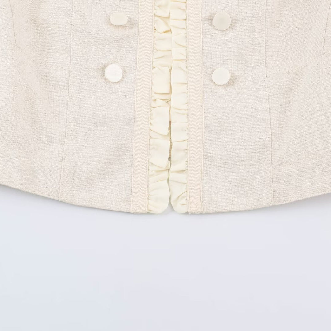 Damen Gekürzte taillierte Jacke mit Stehkragen Rüschenblende und Zierknöpfen Echo Archiv