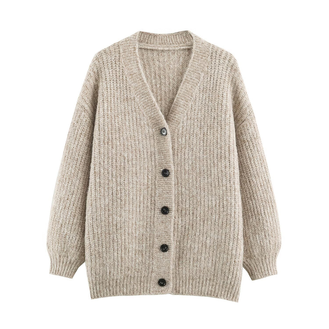 Damen Oversized Grobstrick-Cardigan mit tiefem V-Ausschnitt, Rippenstruktur und Ballonärmeln Echoarchiv