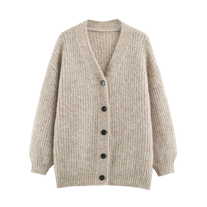 Damen Oversized Grobstrick-Cardigan mit tiefem V-Ausschnitt, Rippenstruktur und Ballonärmeln Echoarchiv