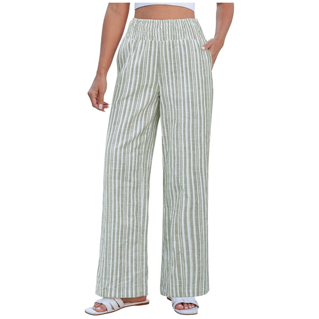 Damen Leichte Leinenhose mit weitem Bein, hoch geschnittener geraffter Gummibund und Seitentaschen Echo Archiv
