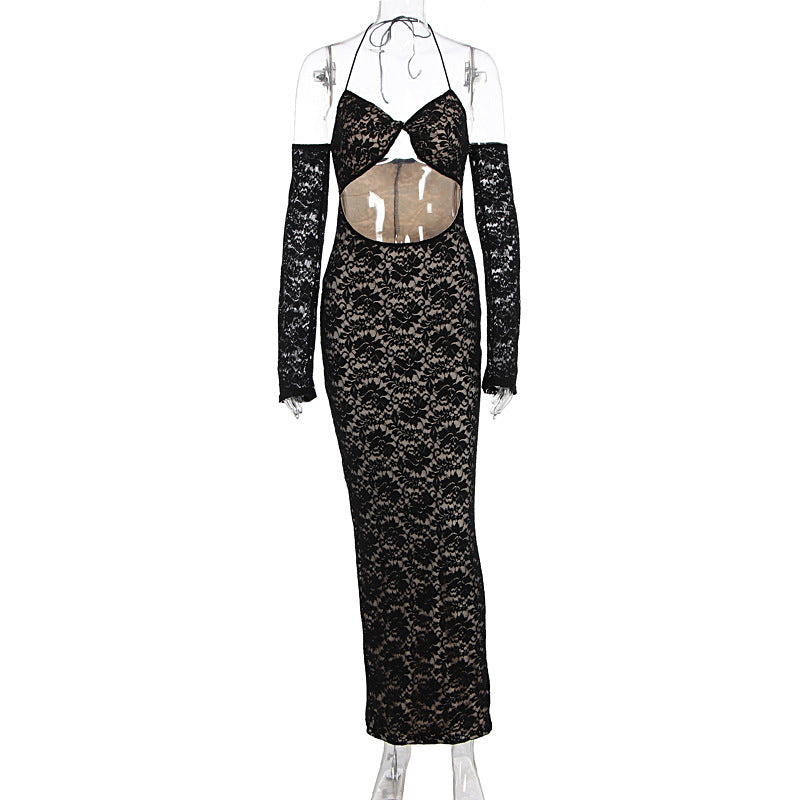 Damen aufregendes Spitzenkleid mit tiefem Rückenausschnitt und langem Arm Echo Archiv