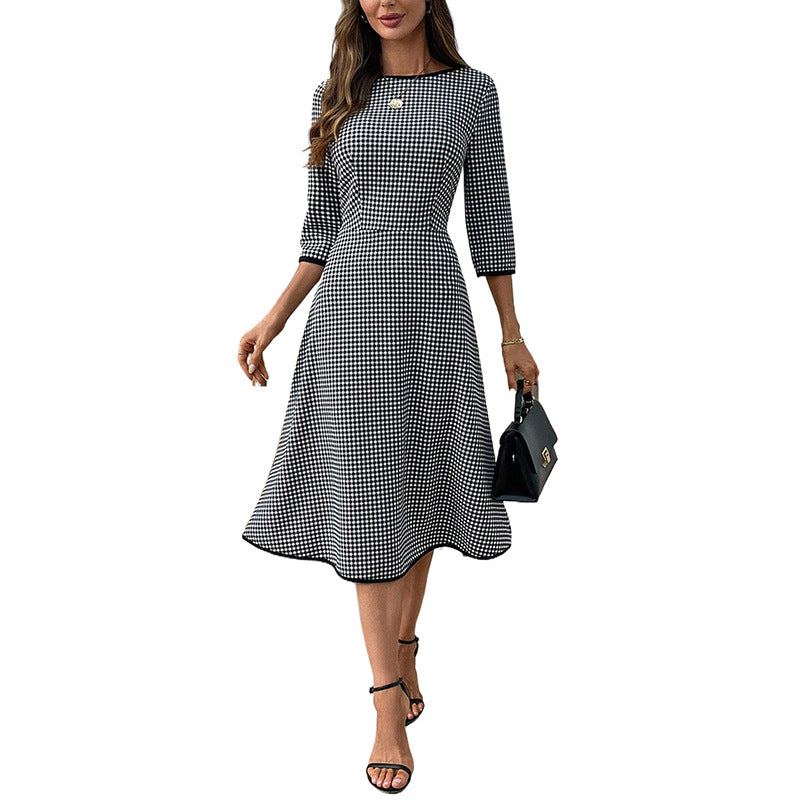 Damen Midikleid mit taillierter A‑Linie, dreiviertel Ärmeln und Vichy‑Karo – Avérine