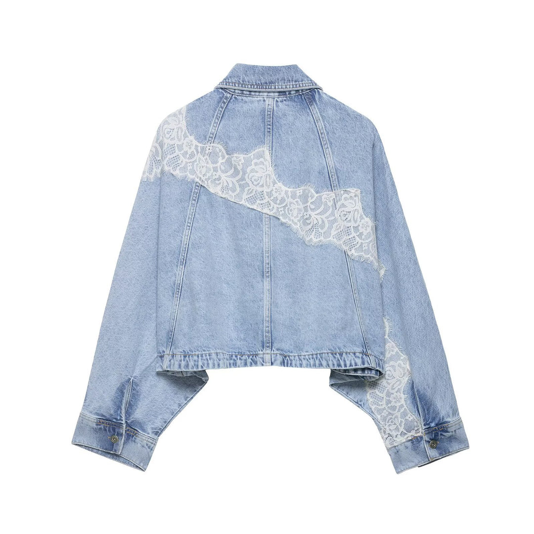 Damen Kurz geschnittene Oversize-Jeansjacke mit Spitzendetail und Fledermausärmeln Echo Archiv