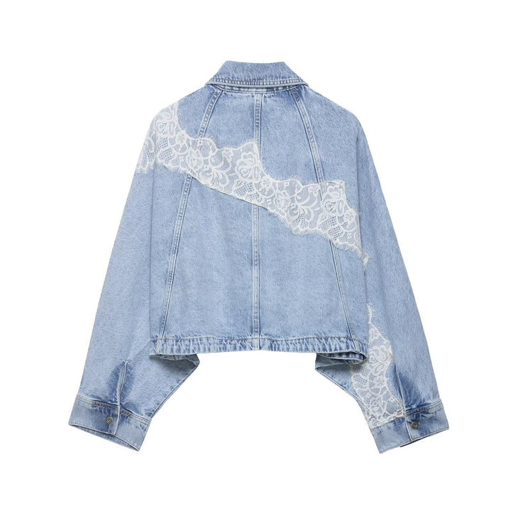 Damen Kurz geschnittene Oversize-Jeansjacke mit Spitzendetail und Fledermausärmeln Echo Archiv