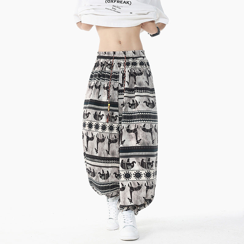 Damen Weite Boho-Haremshose aus Baumwollmix mit elastischem Bund und Ethno-Print Echo Archiv