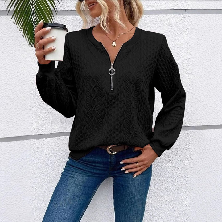 Damen grob strukturiertes Strickpullover mit Kabelmuster, halber Reißverschluss und Ballonärmel Echoarchiv
