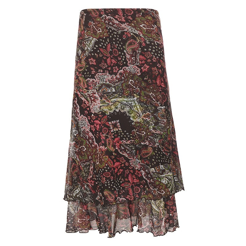 Damen Chiffon-Midirock mit mehrlagigem Volant, Paisley-Print und Zipfelsaum – Rosévia