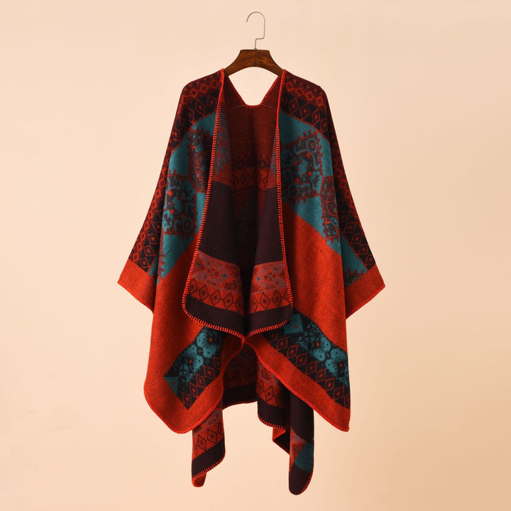 Damen Jacquard-Poncho-Cape mit Ethno-Muster und Wollmix Echo Archiv
