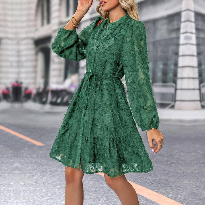 Damen Texturiertes Blusen‑Skaterkleid mit Volantstufen, durchgehender Knopfleiste und Taillenzug Echoarchiv
