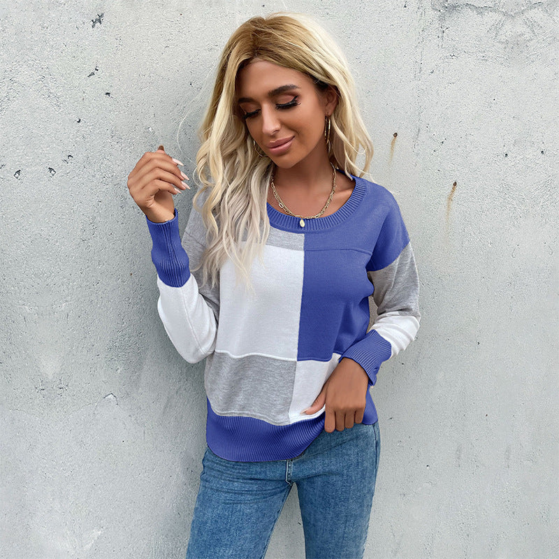 Damen Patchwork-Strickpullover mit kontrastierenden Feldern, Rundhalsausschnitt und gerippten Abschlüssen – Mavelle