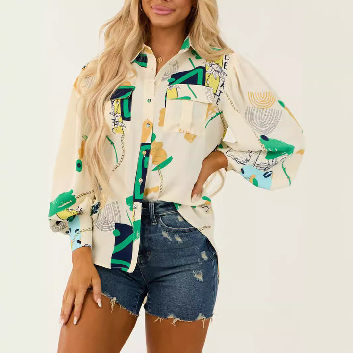 Damen Oversized-Hemdbluse mit grafischem Allover-Print, Brusttaschen und Ballonärmeln – Avérine