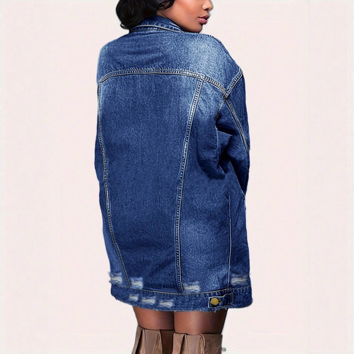 Damen Oversize Longline-Denimjacke mit Distressed-Details und Pattentaschen Echo Archiv