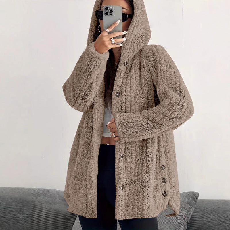 Damen Kapuzen-Teddy-Mantel mit Knopfleiste und Oversize-Schnitt Echo Archiv