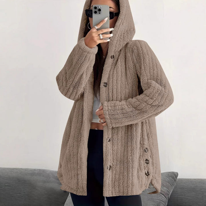Damen Kapuzen-Teddy-Mantel mit Knopfleiste und Oversize-Schnitt Echo Archiv