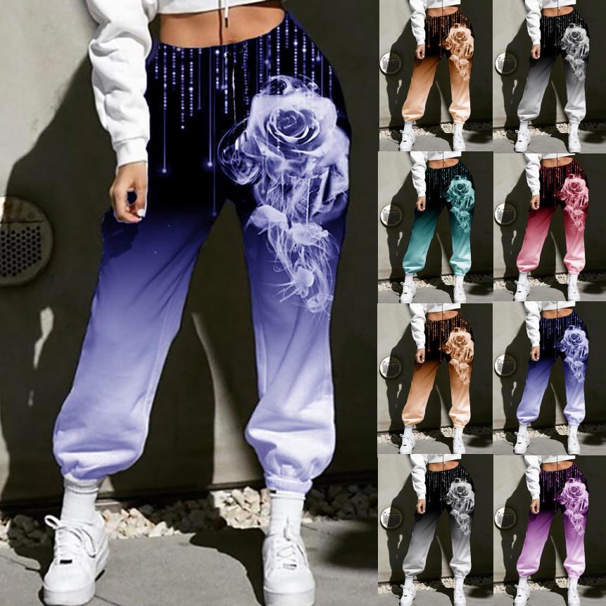 Damen Hohe Taille Jogginghosen mit Ombre-Gradient, Smoke Rose Druck und Elastischen Bündchen – Avélisse